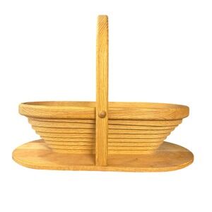 Vintage Accordion Wood Fruit Basket Collapsible Handle Serving Tray